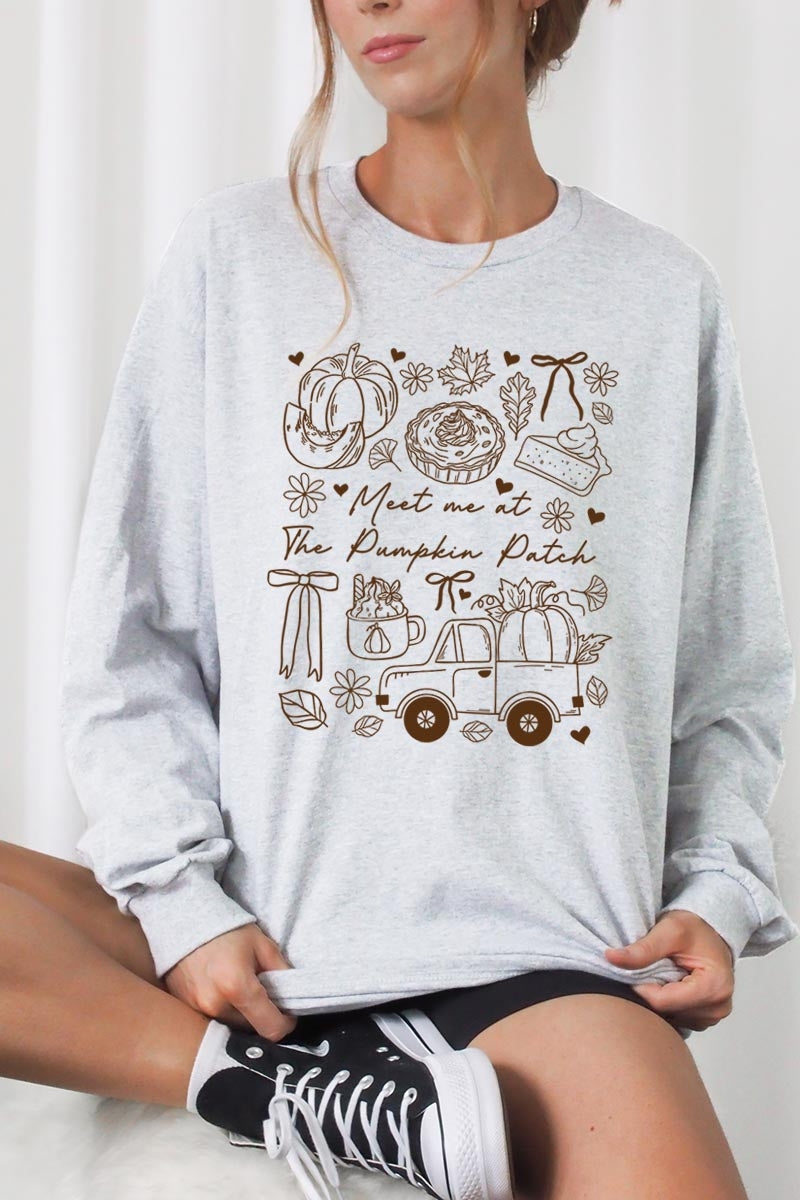 UL240-E3163 Pumpkin Patch Doodle Graphic Long Sleeve Tee $13.75