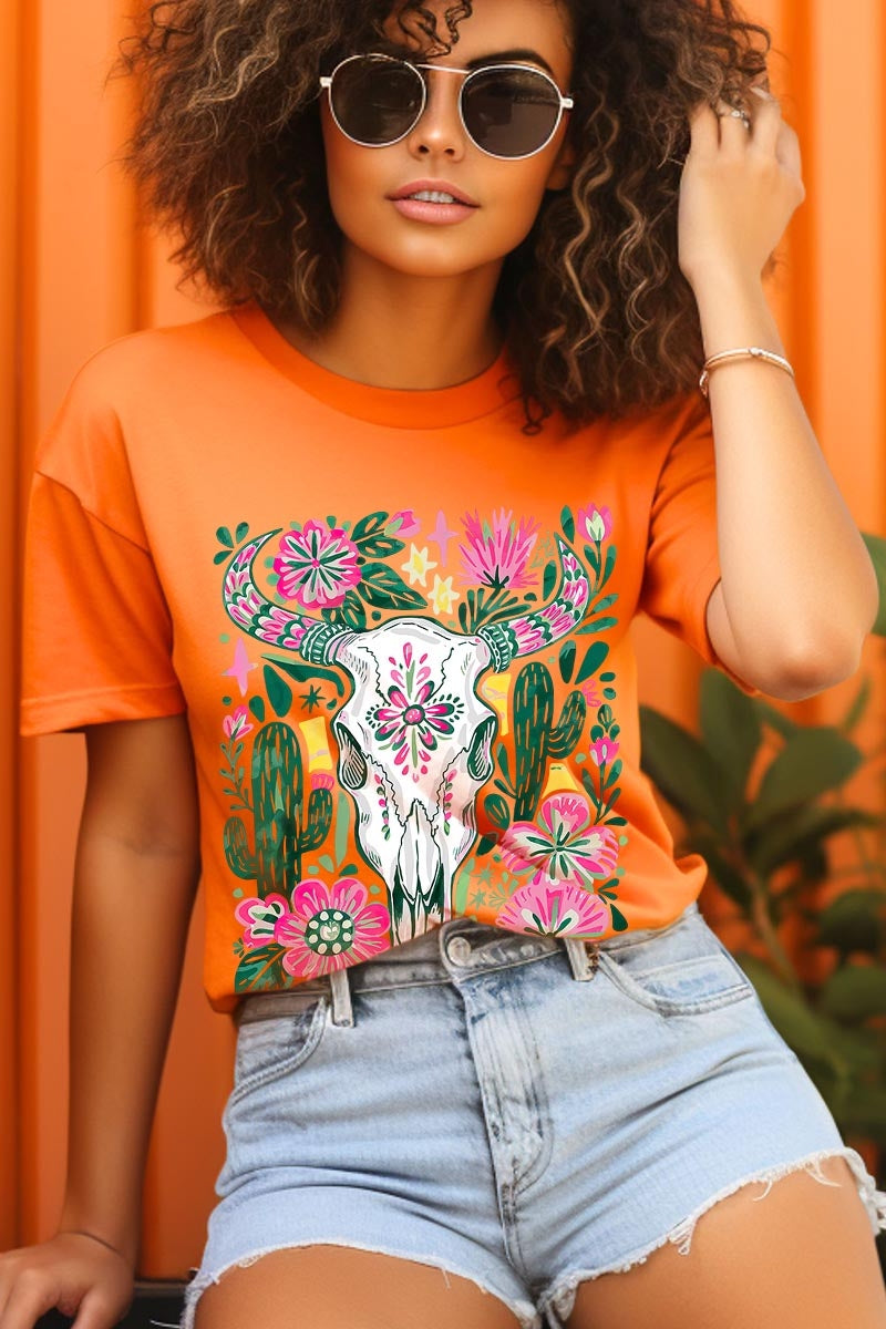 US3001P-E3086 Western Floral Cow Skull Graphic Plus Tee $16