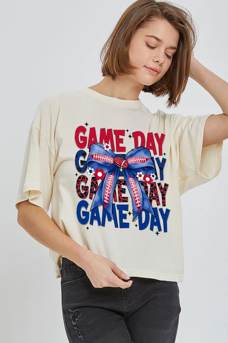 CTS-E3087 Red Blue Football Game Day Bow Relaxed Crop Top $11