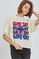 CTS-E3087 Red Blue Football Game Day Bow Relaxed Crop Top $11
