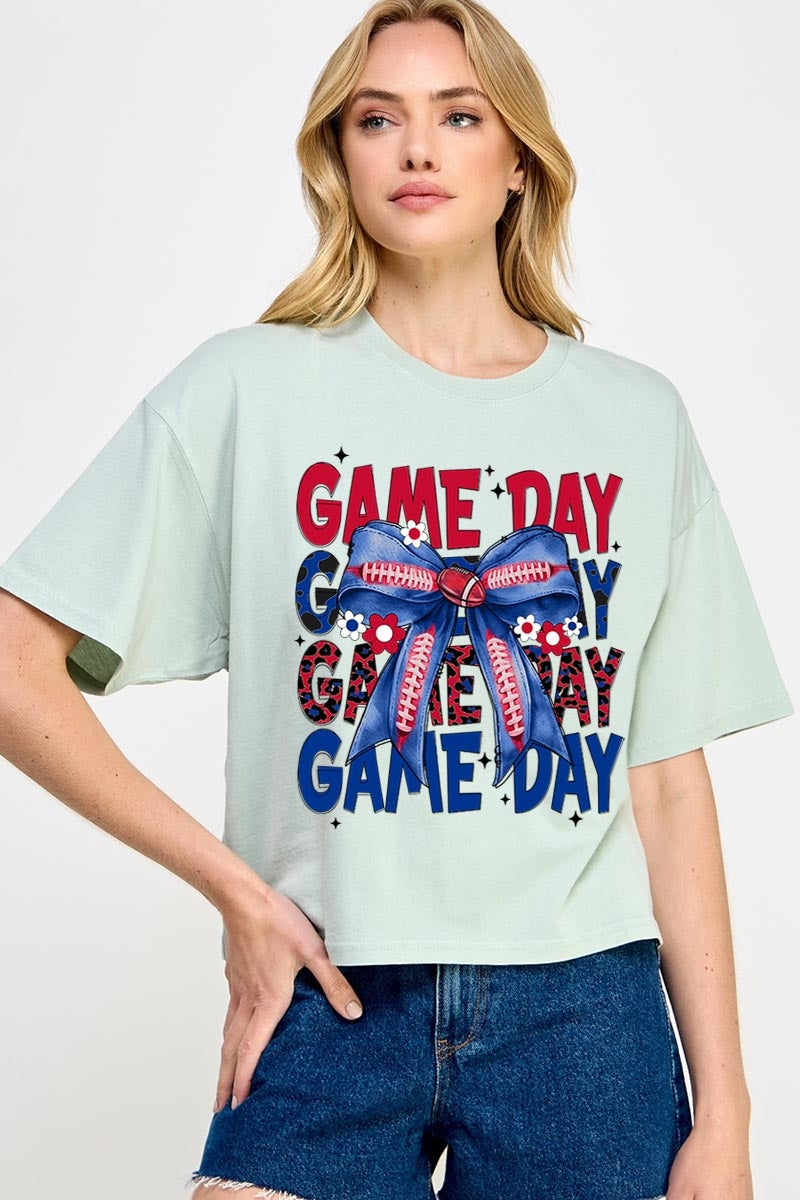 CTS-E3087 Red Blue Football Game Day Bow Relaxed Crop Top $11