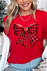 US3001-E3198 Red Buffalo Plaid Bow Graphic Tee $12.5