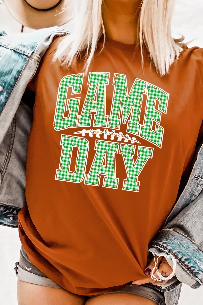 US3001-E3128 Green Gingham Game Day Graphic Tee $12.5