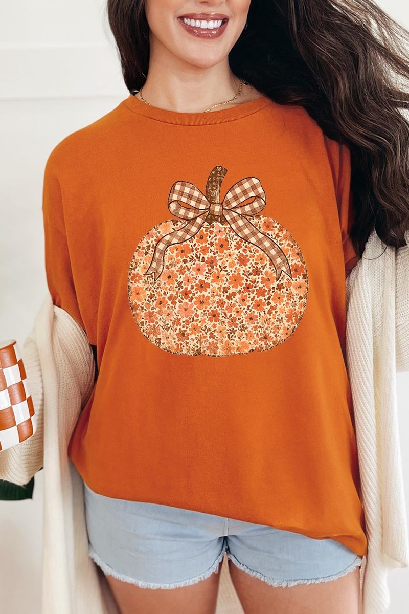 5000-E3135 Floral Fall Pumpkin Graphic Heavy Cotton Tee $9