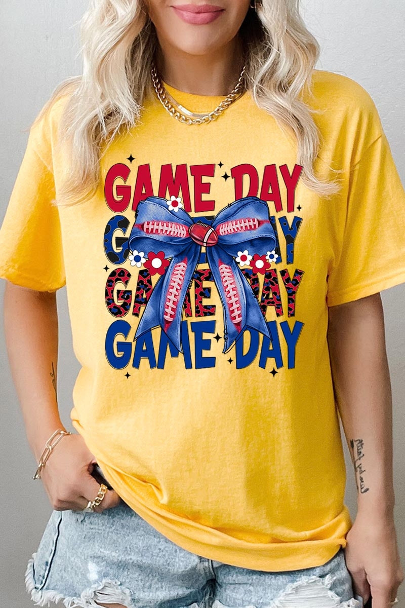 5000-E3087 Red Blue Football Game Day Bow Heavy Cotton Tee $9