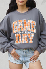 UL180P-E3129 Orange Gingham Game Day Graphic Plus Sweatshirt $25