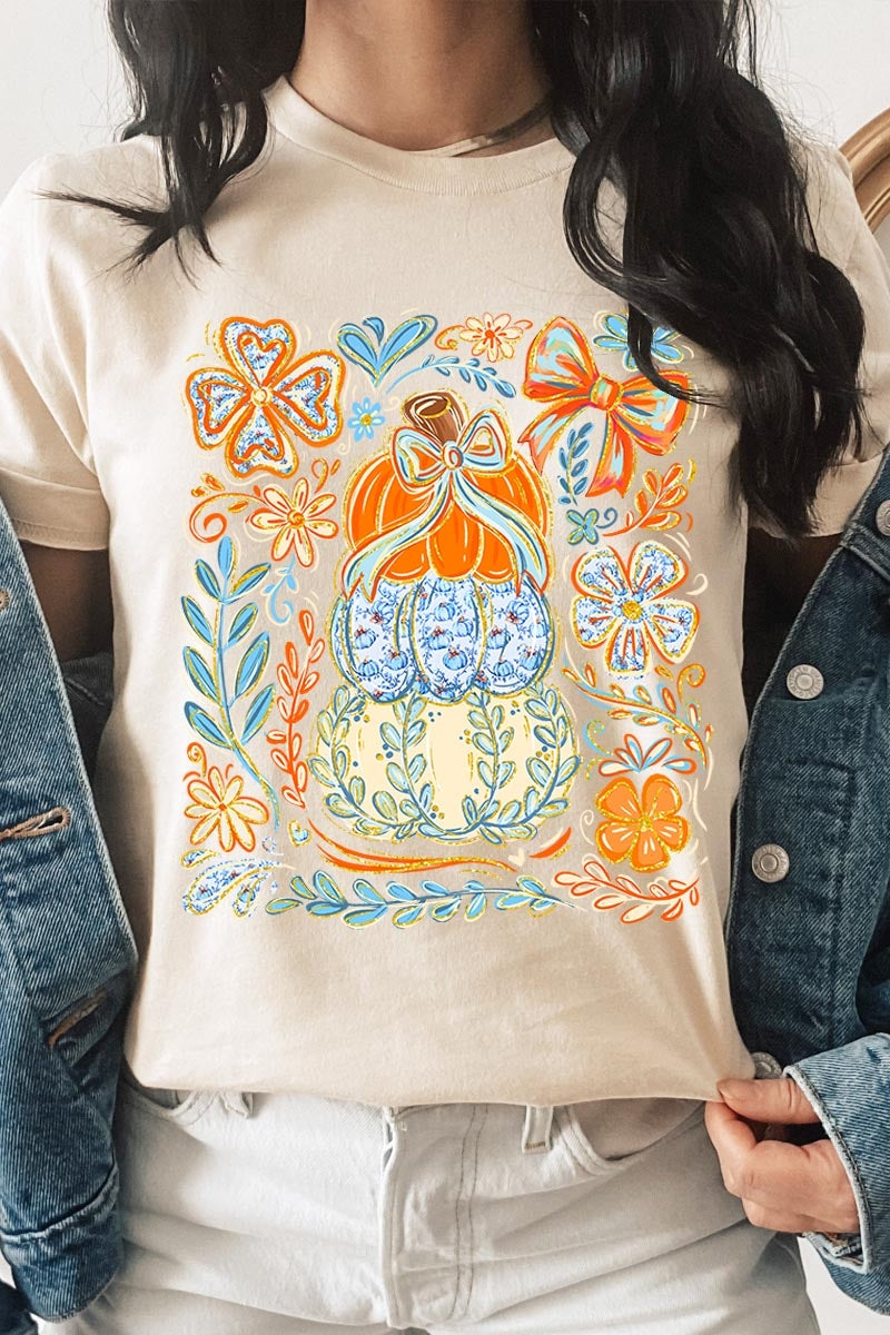 US3001-E3153 Floral Pumpkin Stack Graphic Tee $12.5