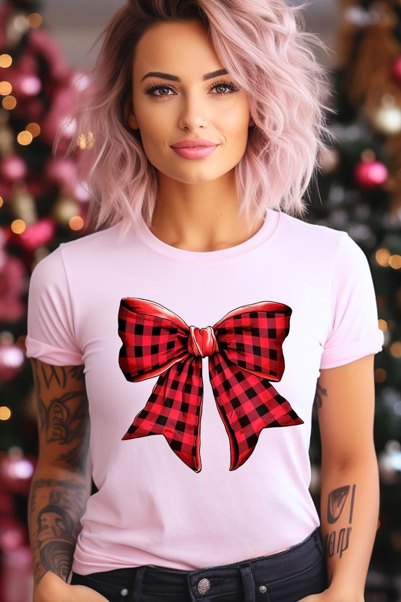US3001-E3198 Red Buffalo Plaid Bow Graphic Tee $12.5