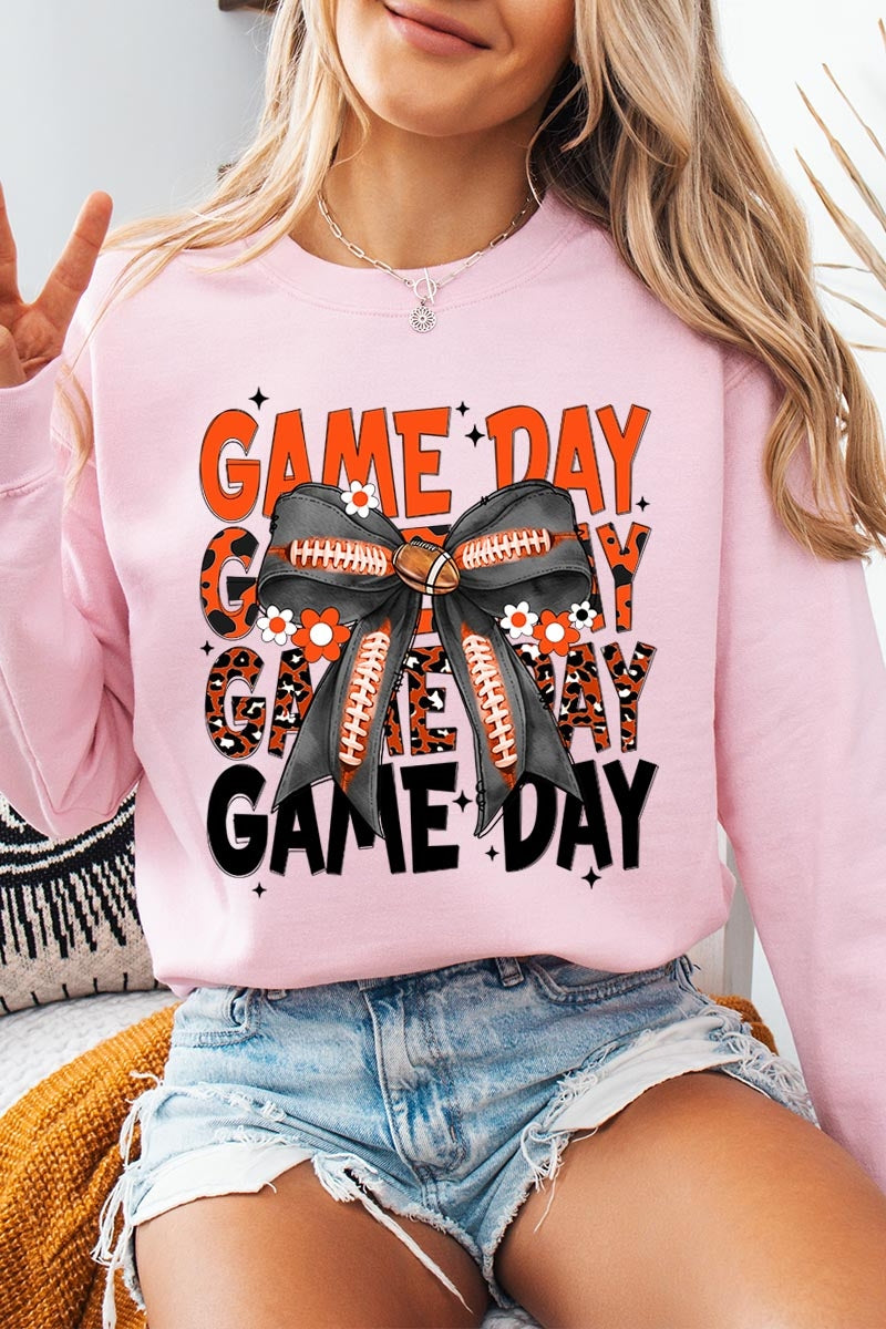 UL180P-E3088 Orange Black Football Game Day Bow Plus Sweatshirt $25
