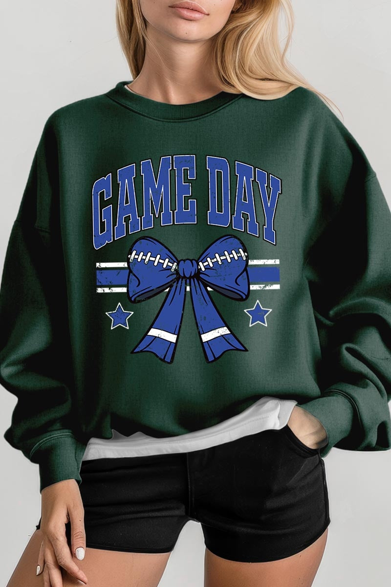 UL180-E3065 Blue Game Day Football Bow Graphic Sweatshirt $20