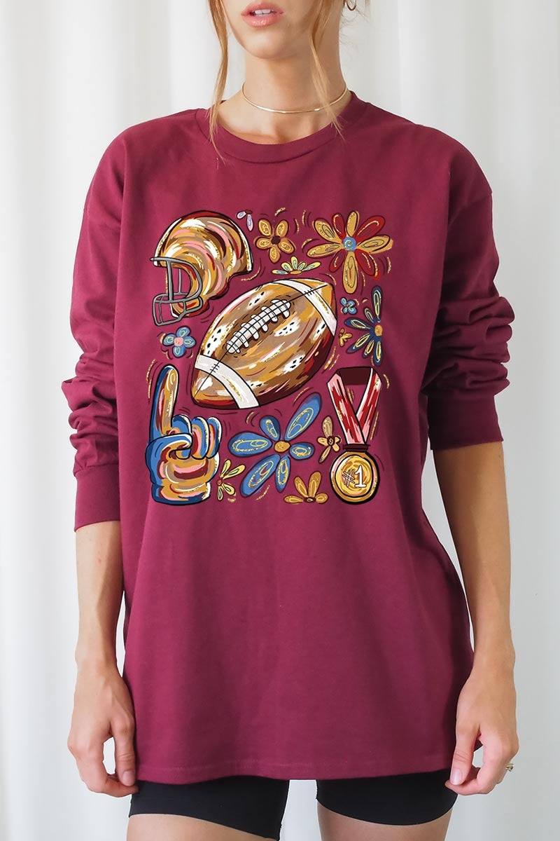 UL240-E3072 Retro Floral Football Graphic Long Sleeve Tee $13.75
