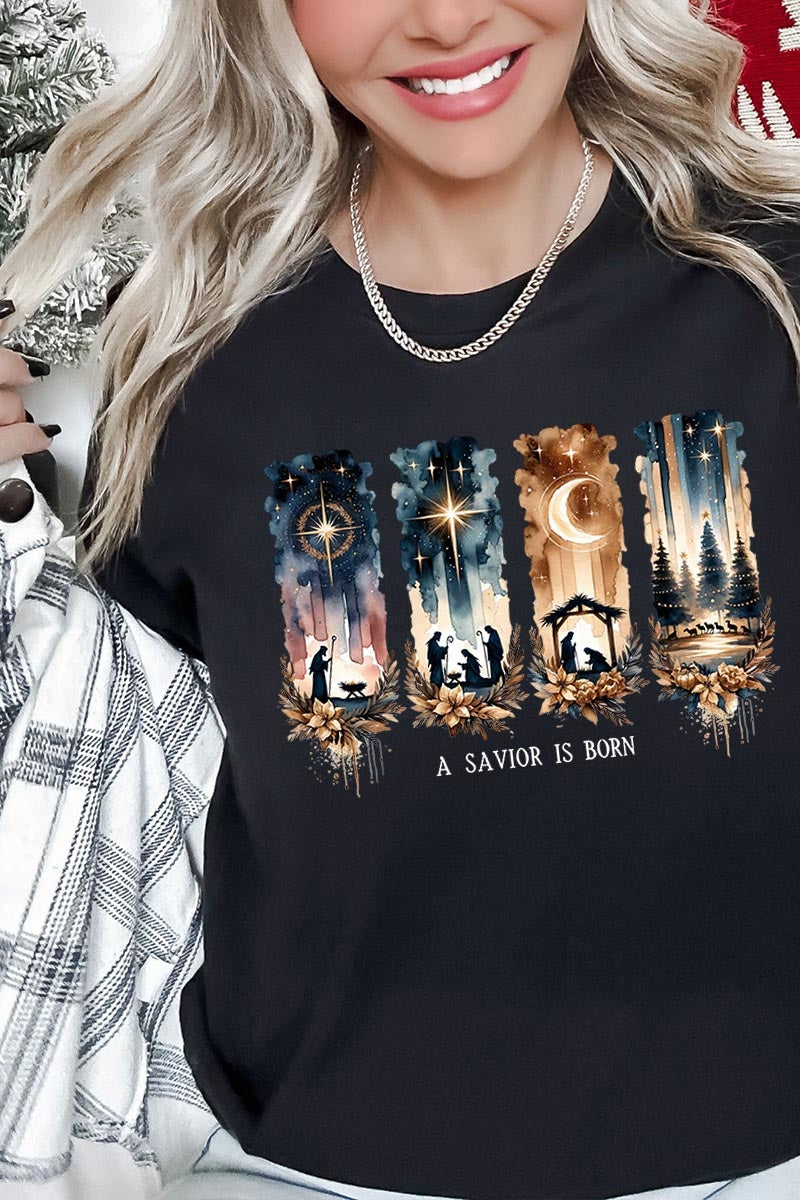 US3001-E3204 Savior Is Born Nativity Graphic Tee $12.5