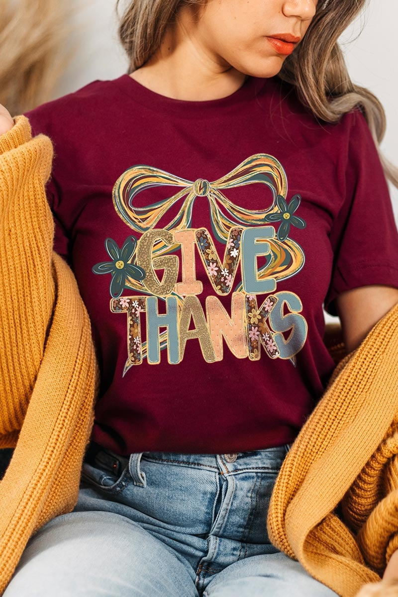 US3001-E3154 Give Thanks Bow Graphic Tee $12.5