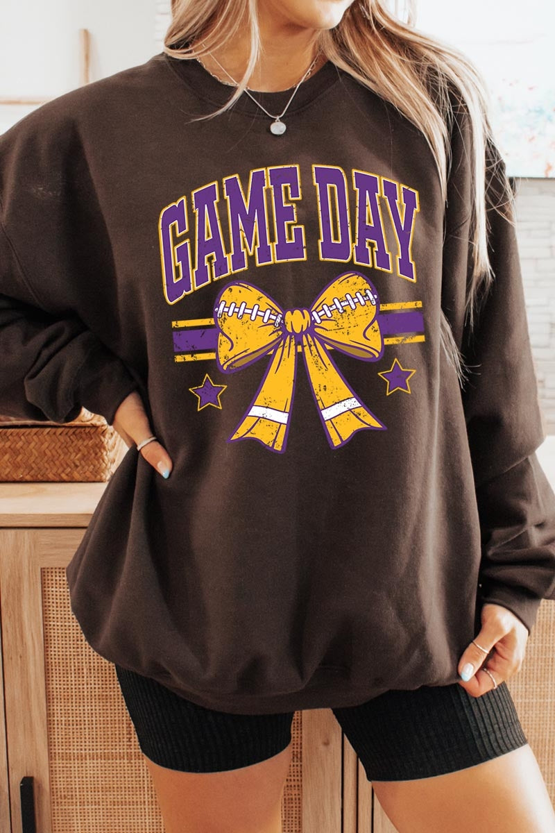 UL180P-E3063 Purple Game Day Football Bow Plus Sweatshirt $25