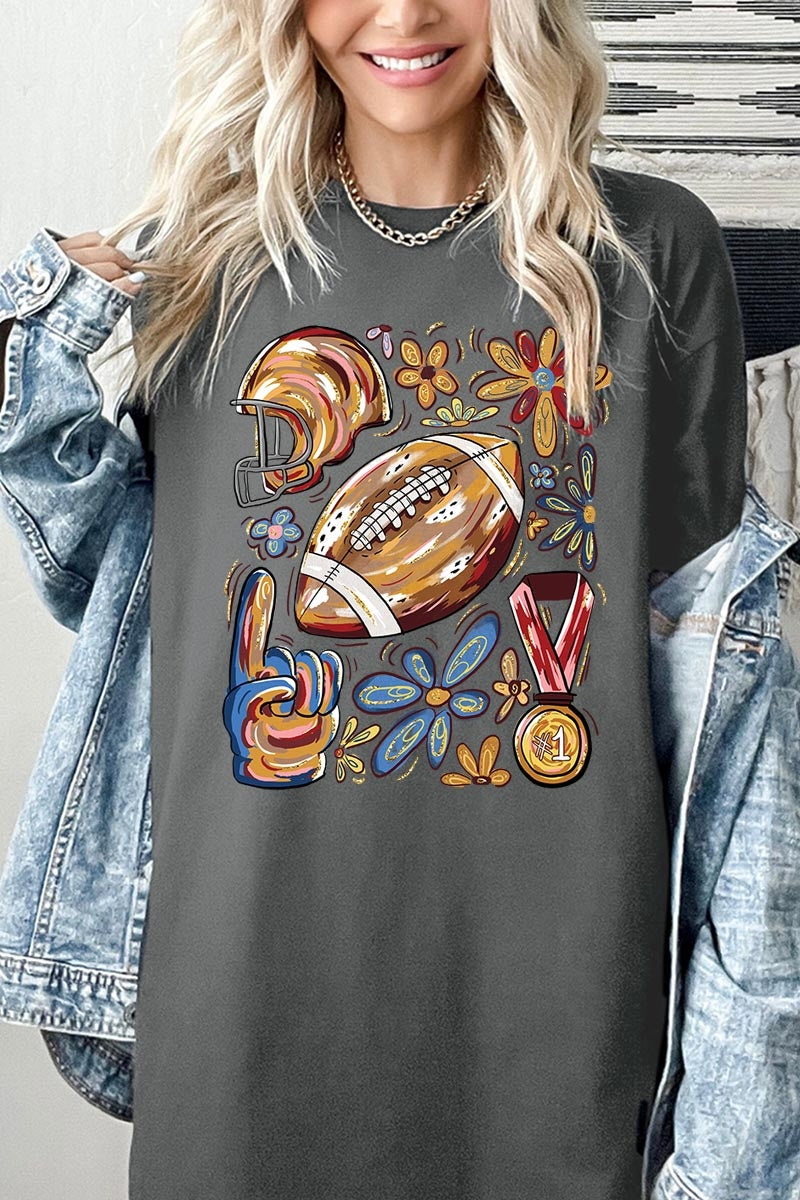 5000-E3072 Retro Floral Football Graphic Heavy Cotton Tee $9