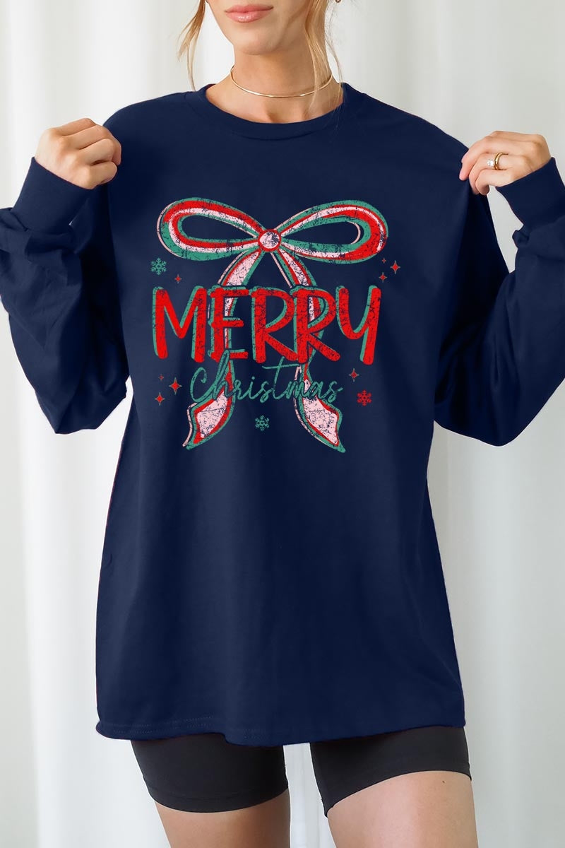 UL240-E3197 Merry Christmas Bow Graphic Long Sleeve Tee $13.75