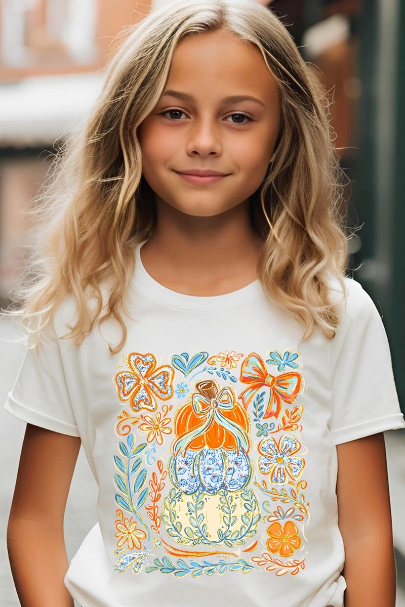 US3001Y-E3153Z Floral Pumpkin Stack Kids Graphic Tee $11
