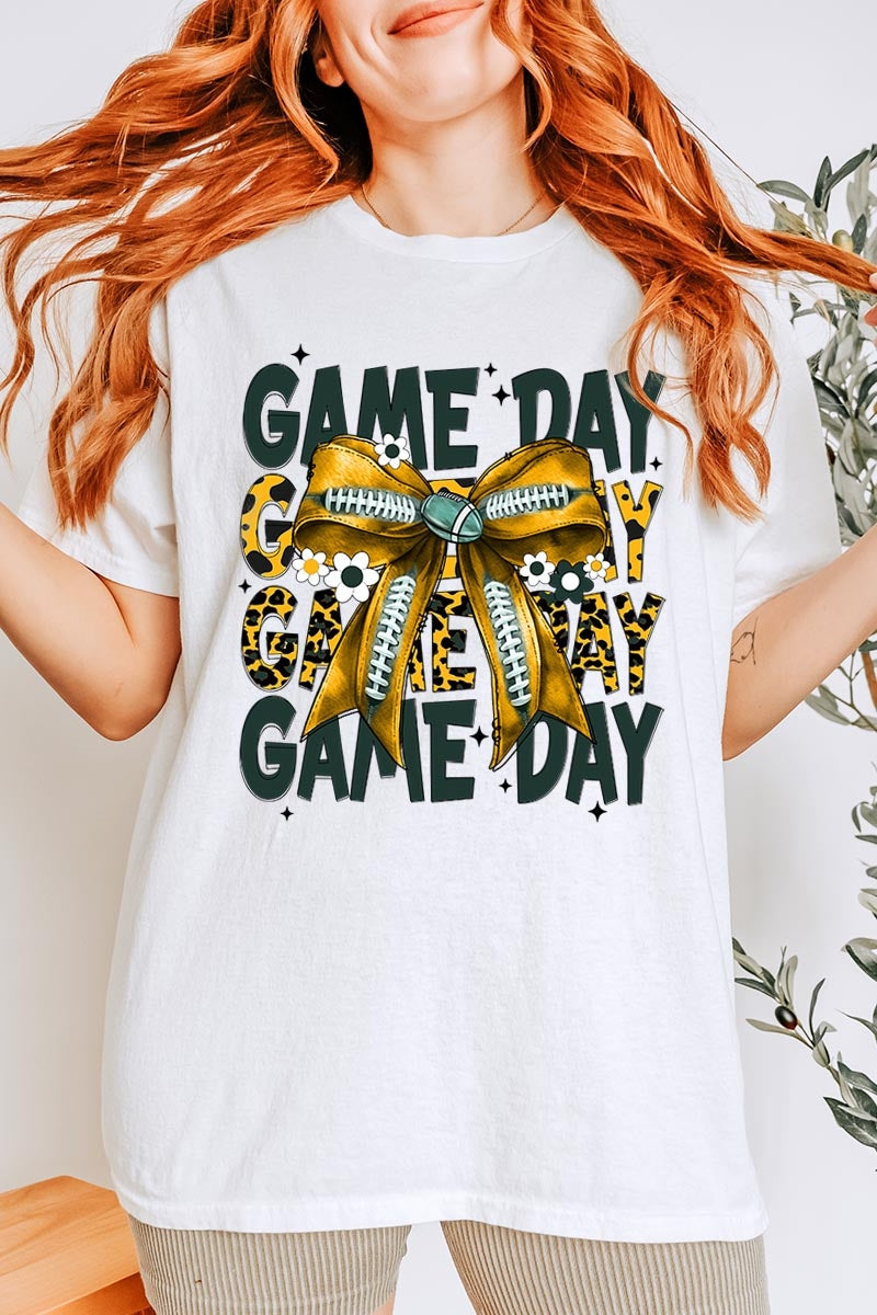 5000P-E3090 Yellow Football Game Day Bow Plus Heavy Cotton Tee $12.75