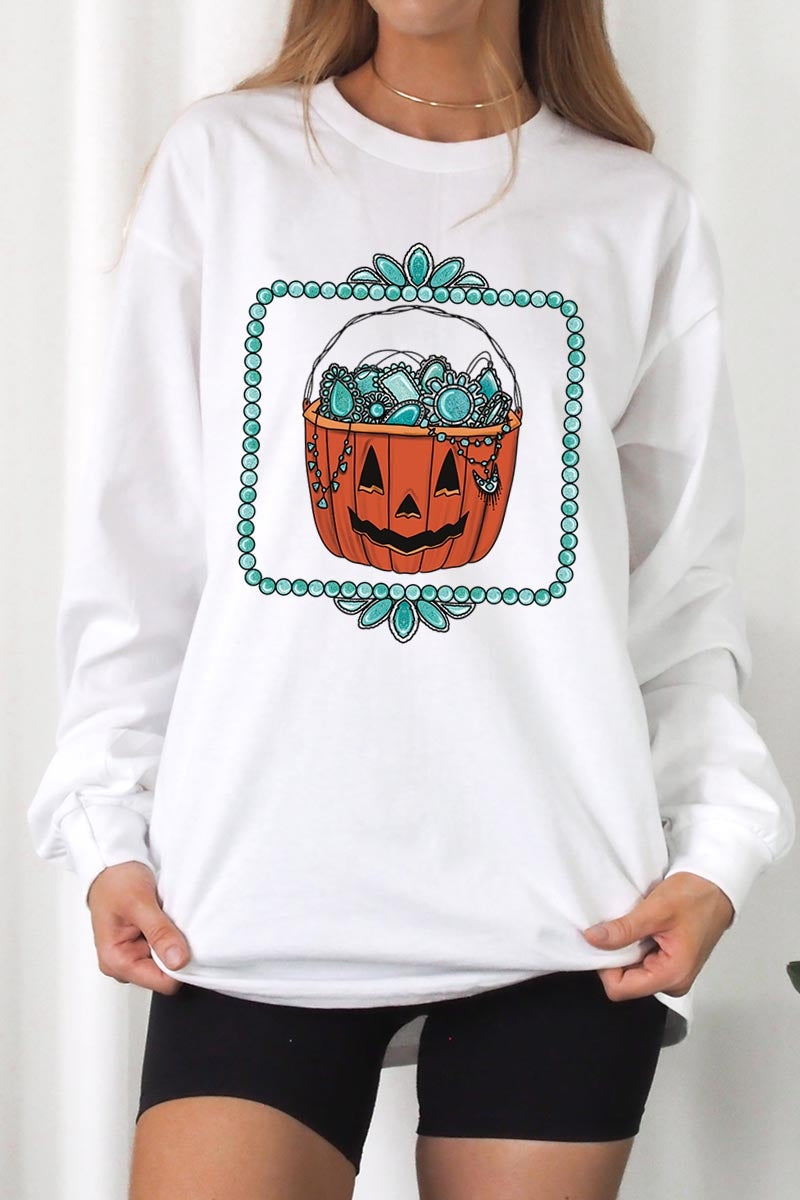 UL240P-E3140 Halloween turquoise pumpkin Plus Long Sleeve Tee $17