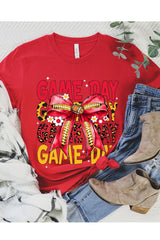 US3001-E3091 Red Yellow Football Game Day Bow Graphic Tee $12.5