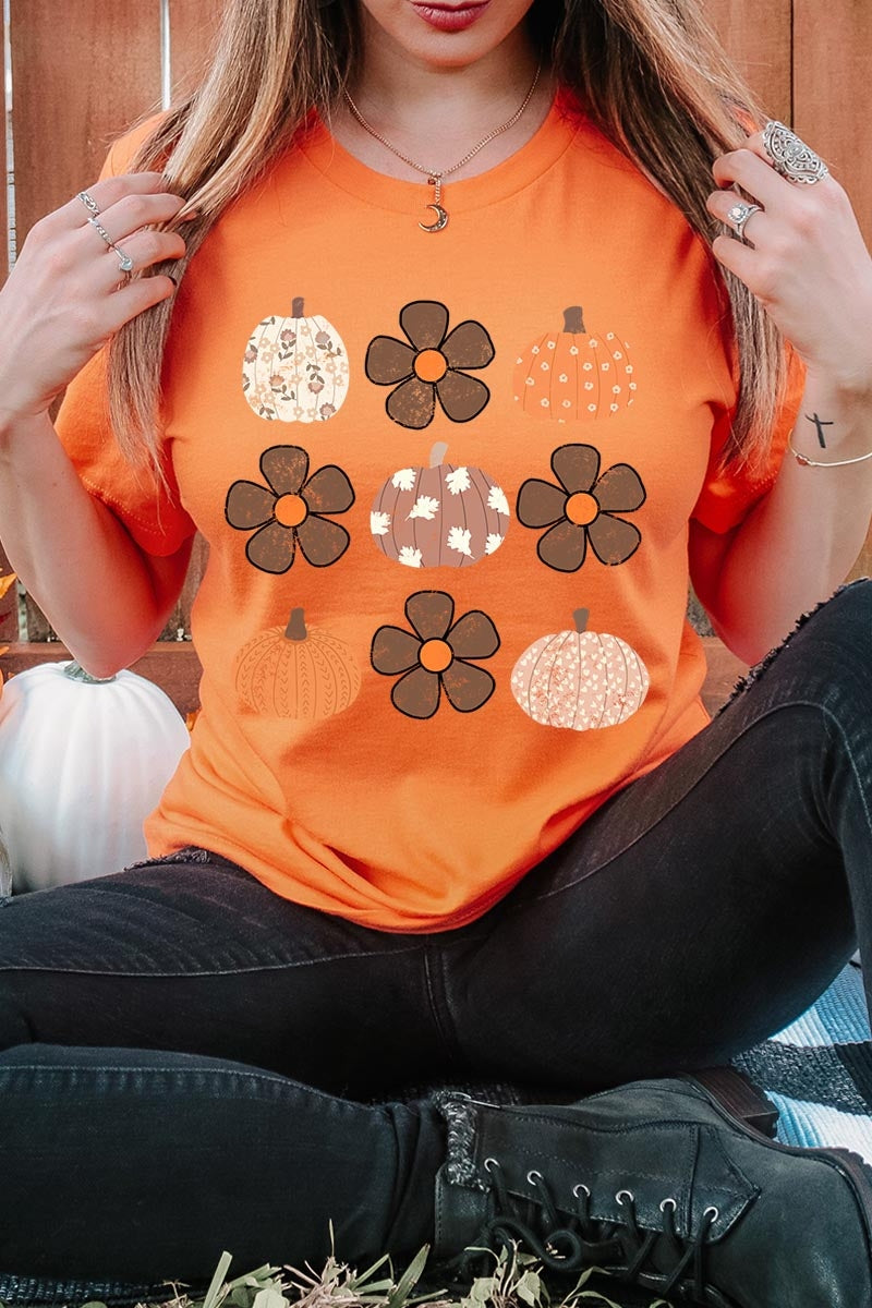 US3001-E3117 Pumpkins & Flowers Fall Graphic Tee $12.5