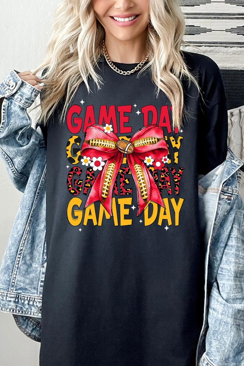 5000-E3091 Red Yellow Football Game Day Bow Heavy Cotton Tee $9