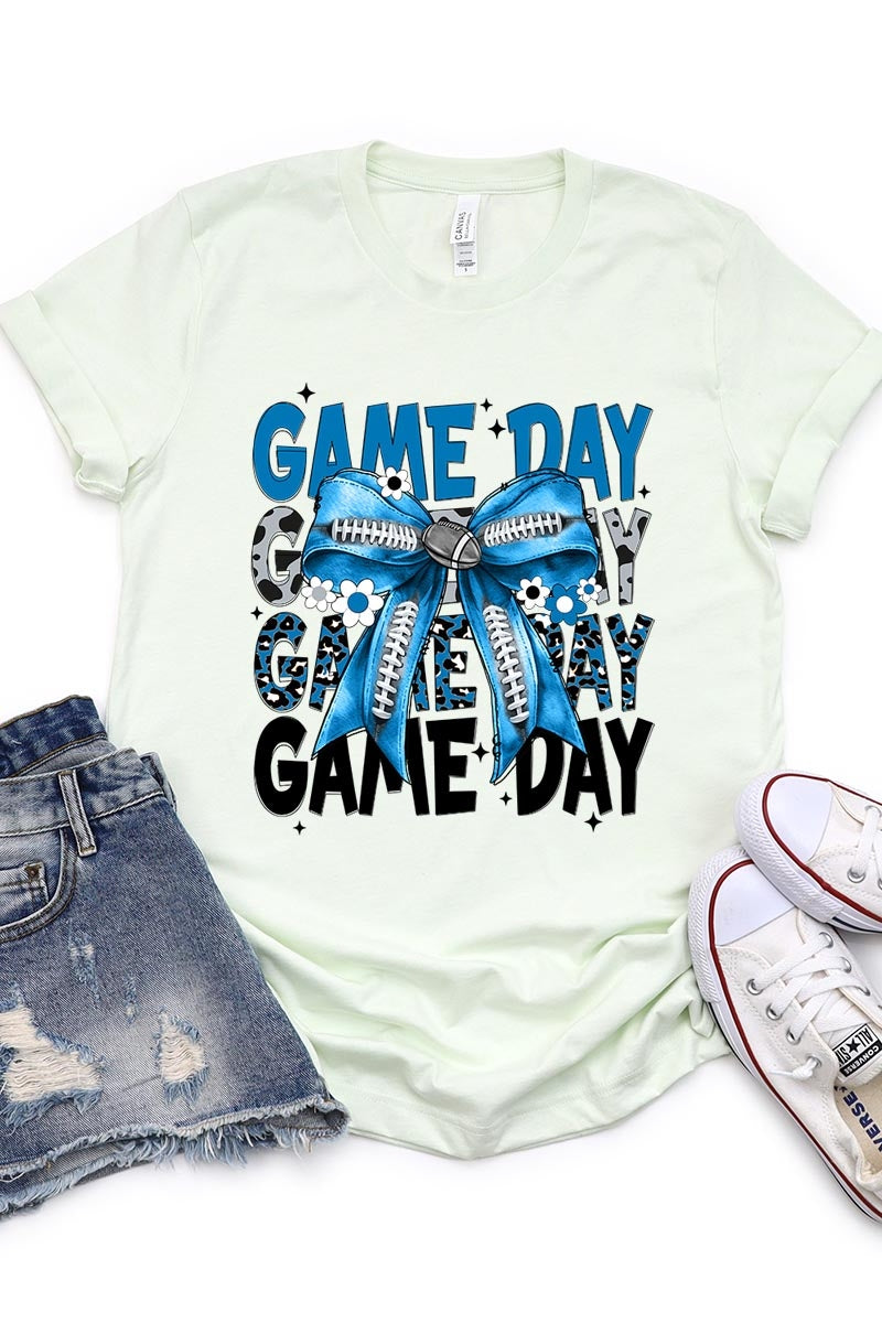 US3001P-E3089 Blue Silver Football Game Day Bow Graphic Plus Tee $16