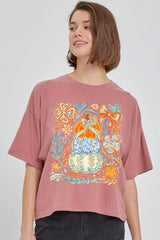 CTS-E3153 Floral Pumpkin Stack Graphic Relaxed Crop Top $11