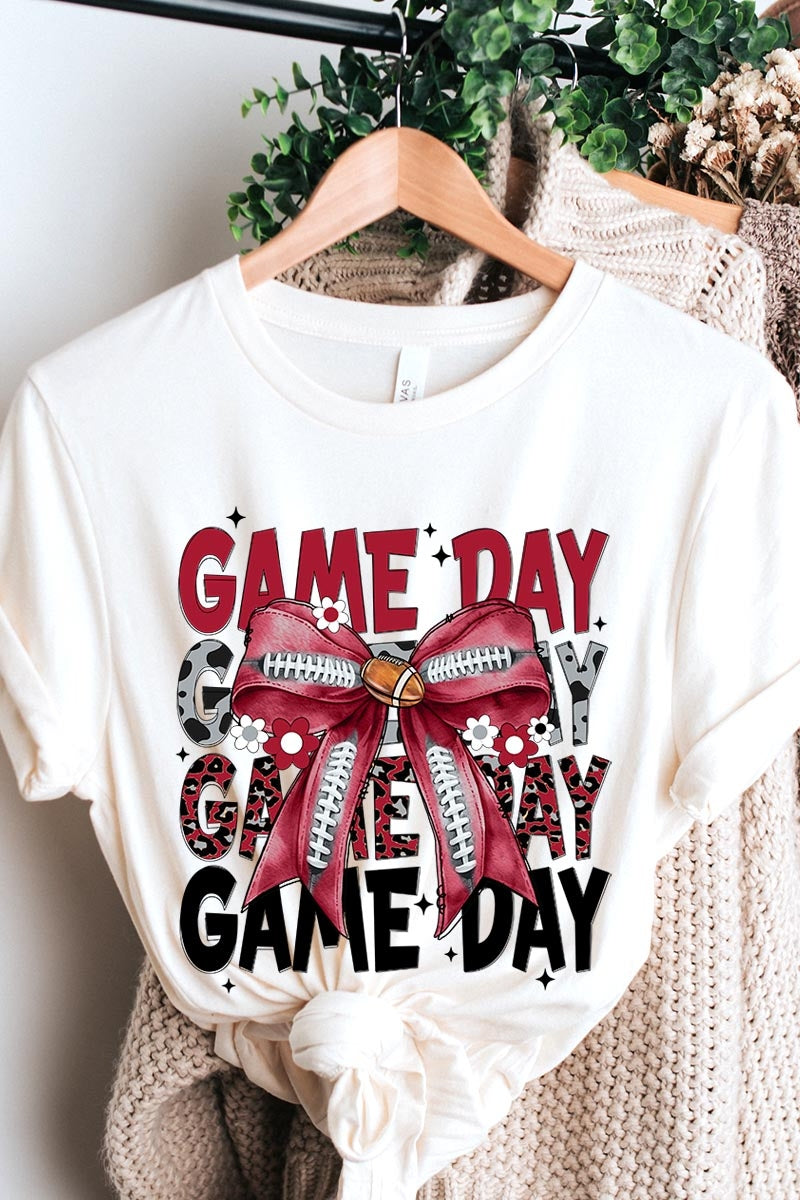 US3001-E3093 Red Silver Football Game Day Bow Graphic Tee $12.5