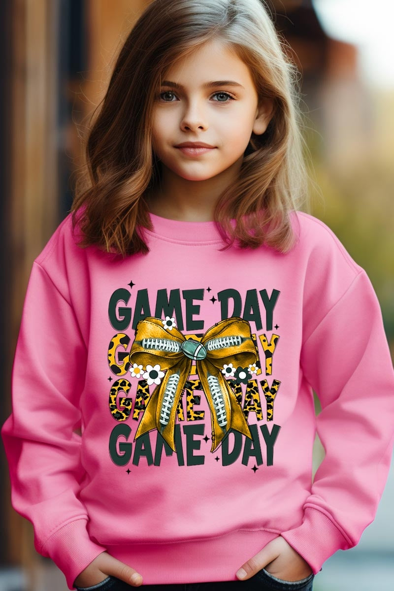 UL180B-E3090Z Yellow Football Game Day Bow Kids Sweatshirt $20