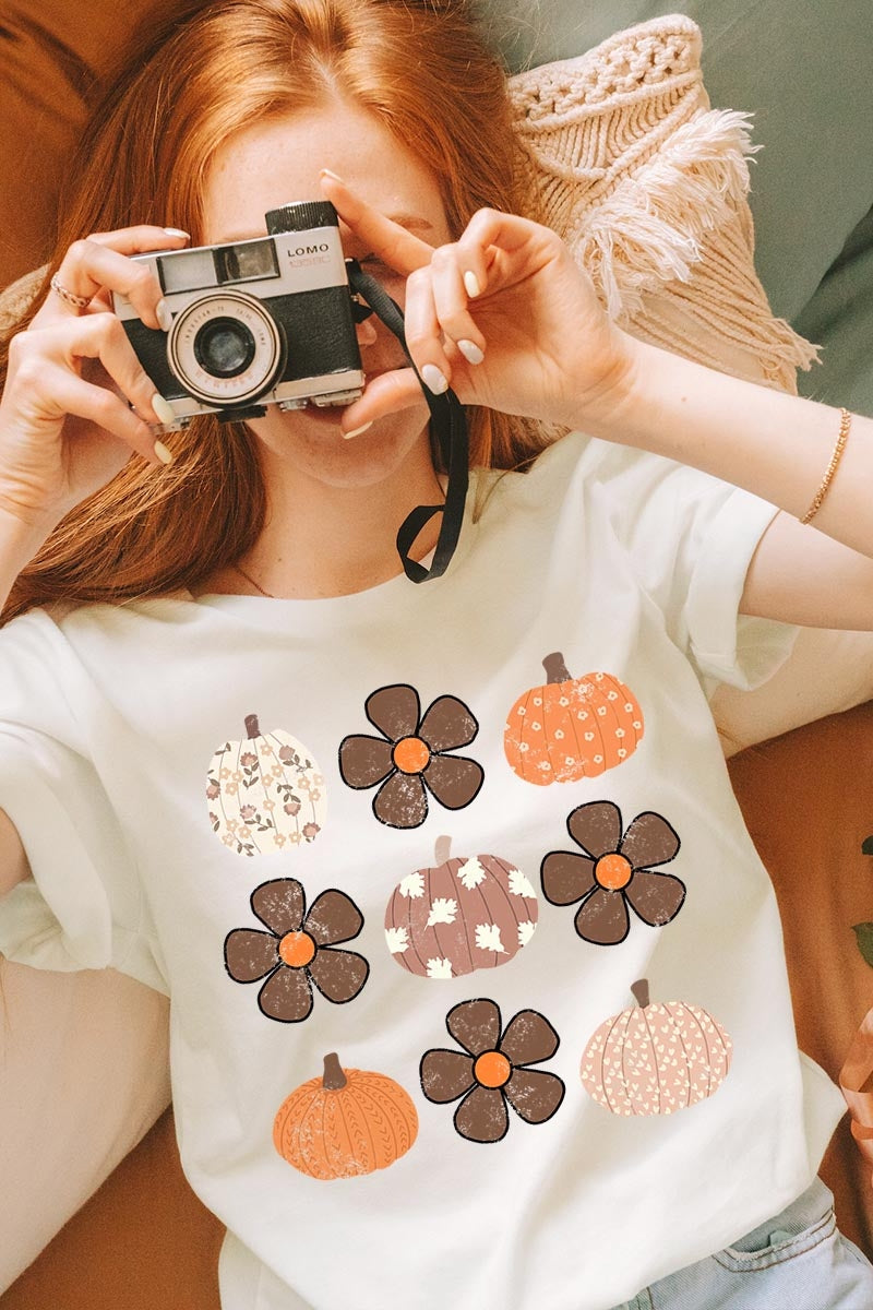 US3001-E3117 Pumpkins & Flowers Fall Graphic Tee $12.5