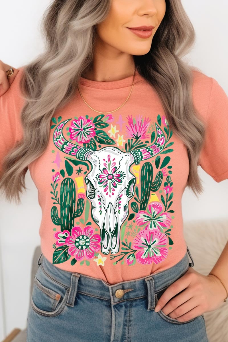 US3001-E3086 Western Floral Cow Skull Graphic Tee $12.5