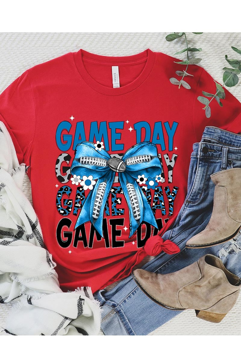 US3001-E3089 Blue Silver Football Game Day Bow Graphic Tee $12.5
