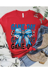 US3001P-E3089 Blue Silver Football Game Day Bow Graphic Plus Tee $16