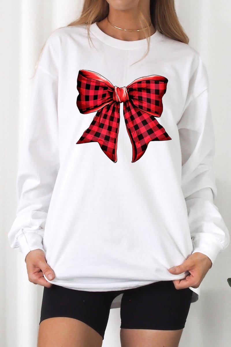 UL240-E3198 Red Buffalo Plaid Bow Graphic Long Sleeve Tee $13.75