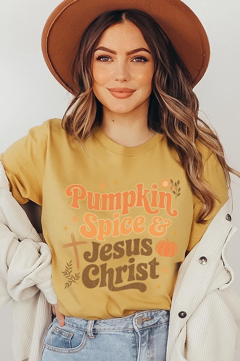 US3001-E3164 Pumpkin Spice & Jesus Graphic Tee $12.5