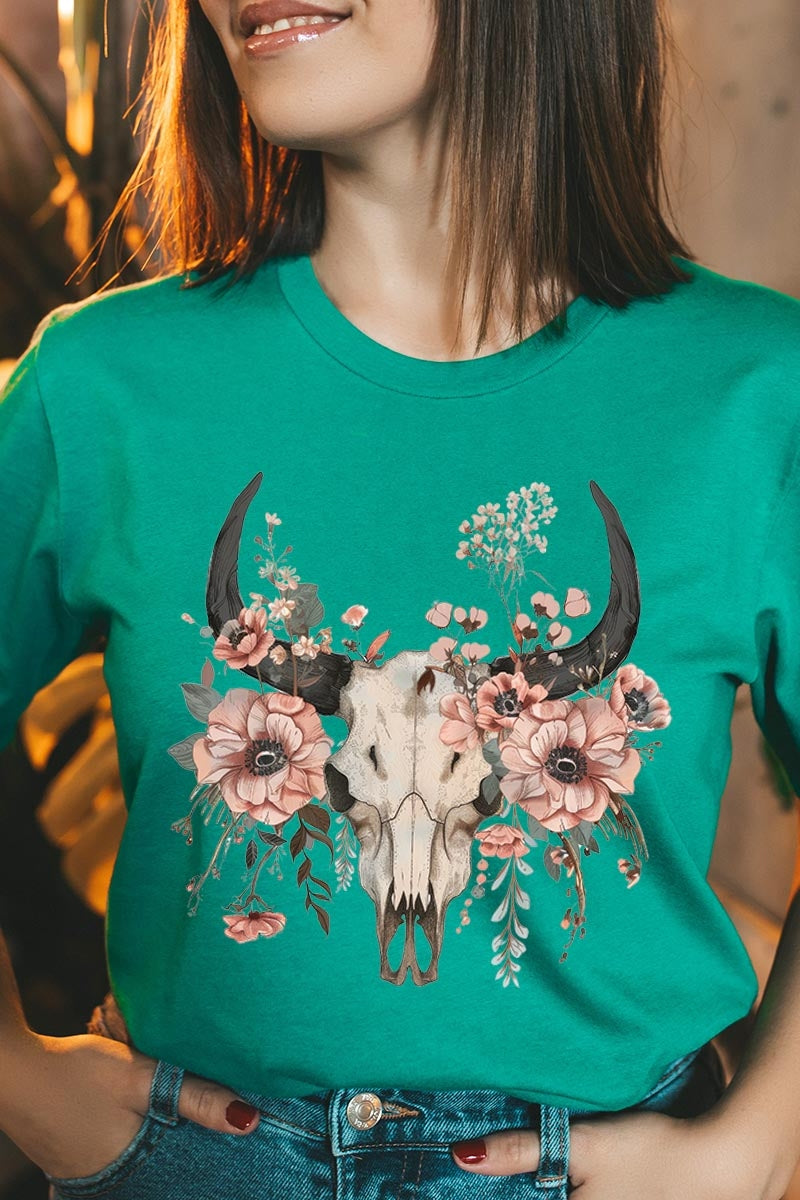 US3001P-E3113 Western Skull Floral Graphic Plus Tee $16