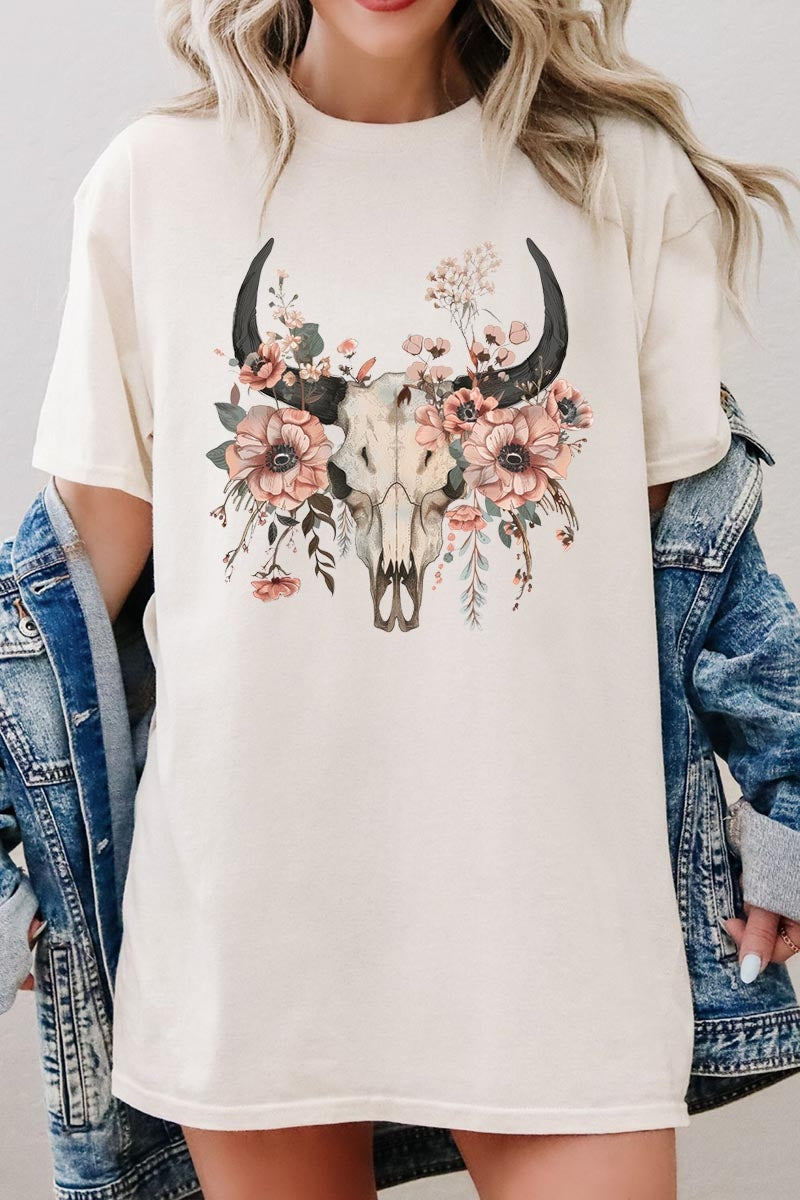 5000-E3113 Western Skull Floral Graphic Heavy Cotton Tee $9