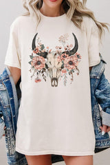 5000-E3113 Western Skull Floral Graphic Heavy Cotton Tee $9