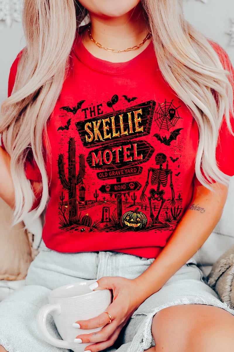 US3001P-E3108 Skellie Motel Halloween Graphic Plus Tee $16