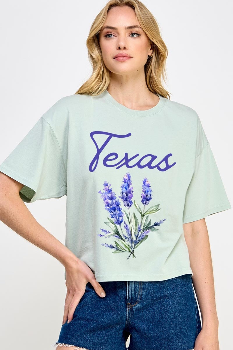 CTS-E3060 Texas Bluebonnet Graphic Relaxed Crop Top $10.5