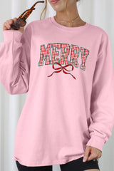 UL240-E3206 Plaid Merry Christmas Bow Graphic Long Sleeve Tee $13.75