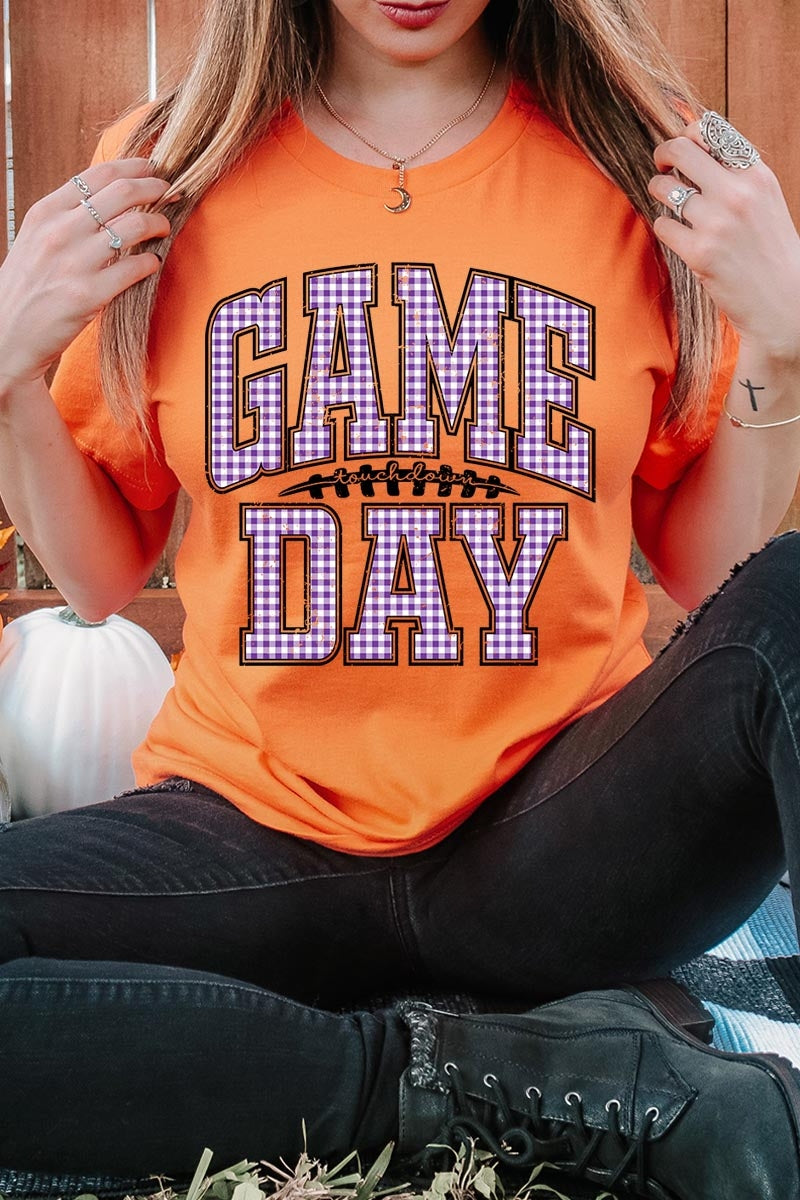 US3001-E3127 Purple Gingham Game Day Graphic Tee $12.5