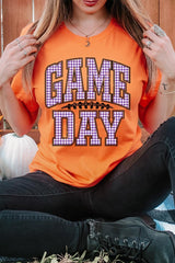 US3001-E3127 Purple Gingham Game Day Graphic Tee $12.5