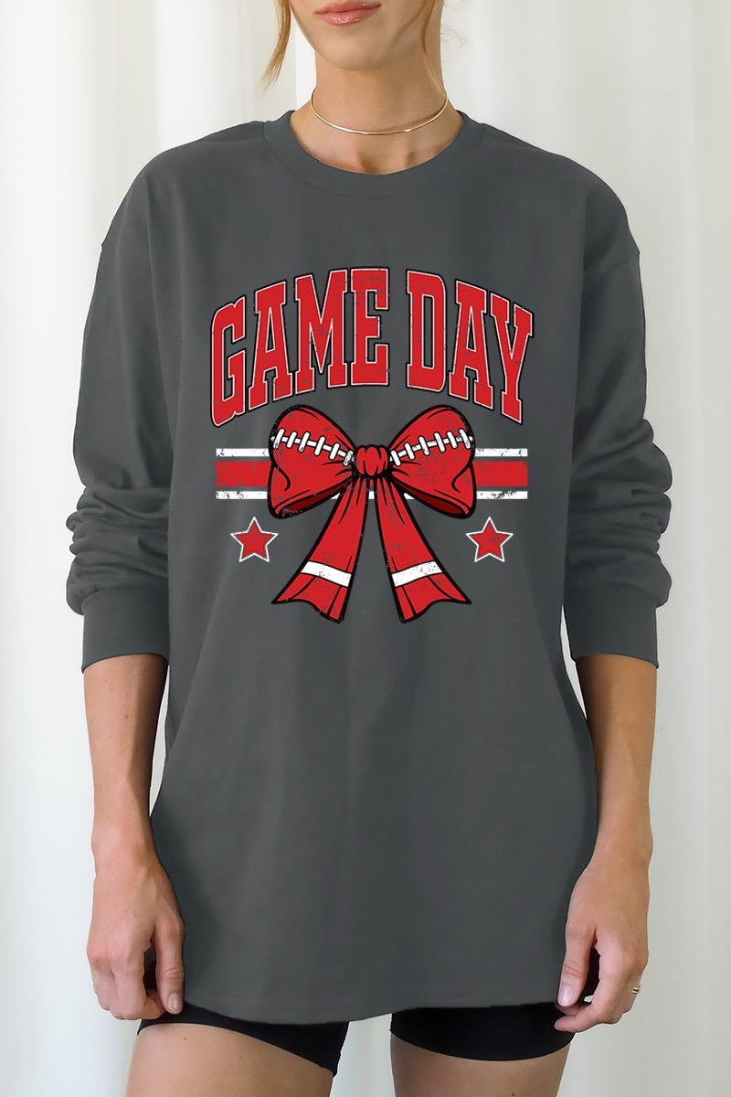 UL240P-E3062 Red Game Day Football Bow Plus Long Sleeve Tee $17