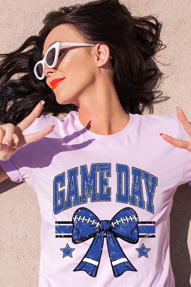 US3001-E3065 Blue Game Day Football Bow Graphic Tee $12.5
