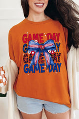 5000-E3087 Red Blue Football Game Day Bow Heavy Cotton Tee $9