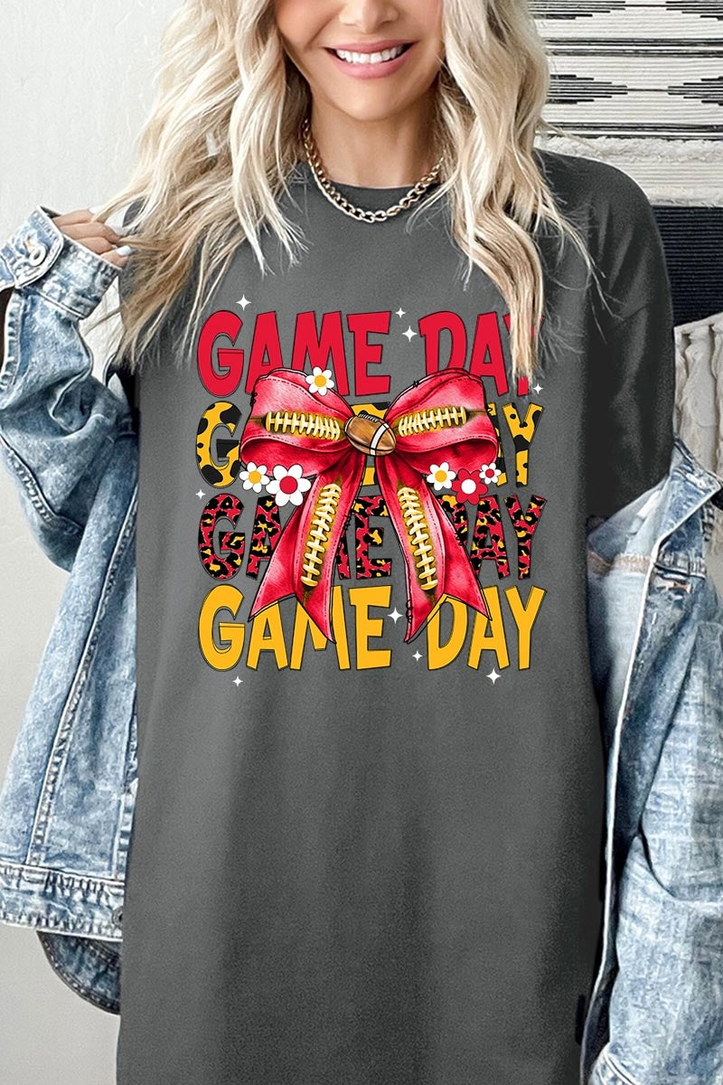 5000-E3091 Red Yellow Football Game Day Bow Heavy Cotton Tee $9