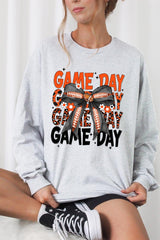 UL240-E3088 Orange Black Football Game Day Bow Long Sleeve Tee $13.75