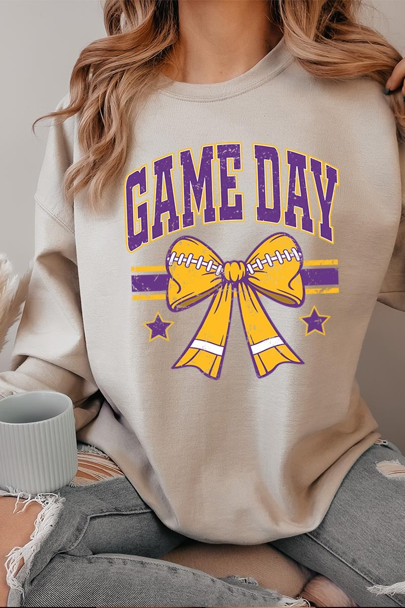 UL180-E3063 Purple Game Day Football Bow Graphic Sweatshirt $20